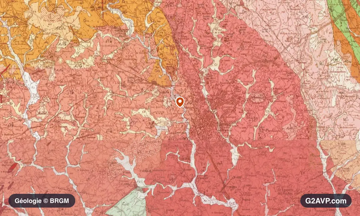 Carte géologique BRGM au 1/50 000 du secteur d'Ussel : granites en formations dominantes, repère au centre de la commune