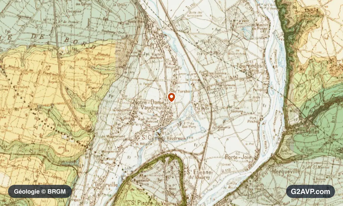 Carte géologique BRGM au 1/50 000 du secteur de Val-de-Reuil : calcaires, marnes et gypse en formations dominantes, repère au centre de la commune
