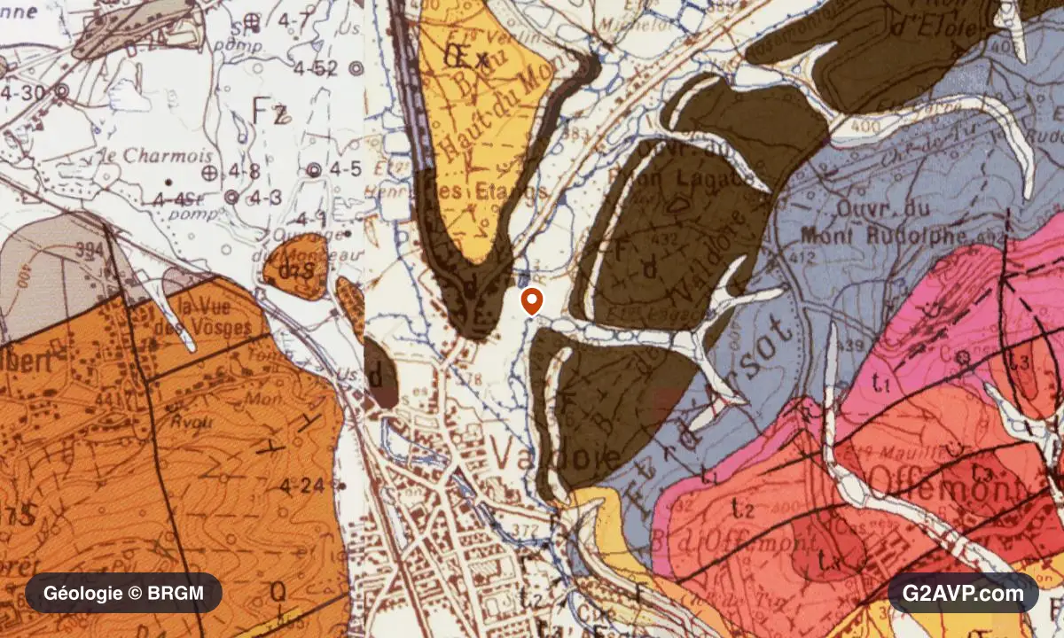 Carte géologique BRGM au 1/50 000 du secteur de Valdoie : grès en formations dominantes, repère au centre de la commune
