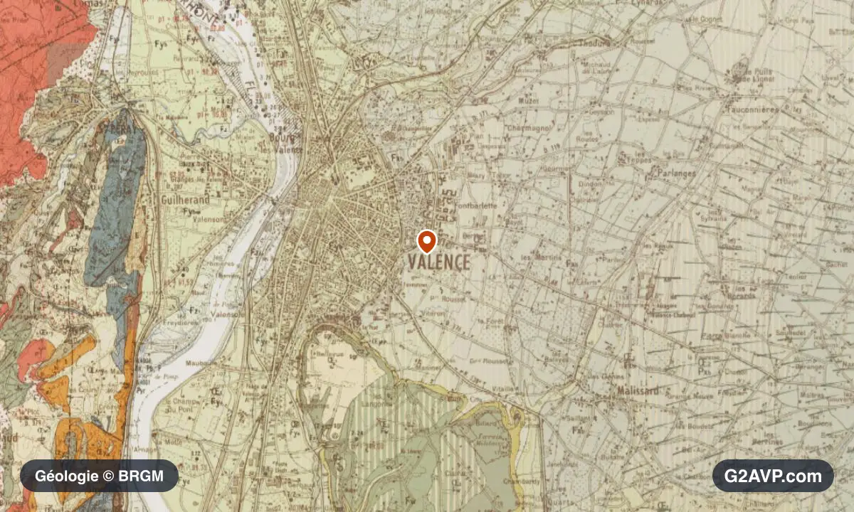 Carte géologique BRGM au 1/50 000 du secteur de Valence : grès en formations dominantes, repère au centre de la commune