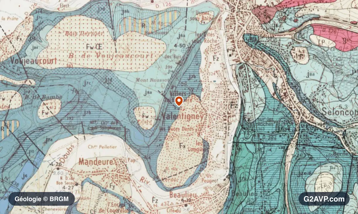 Carte géologique BRGM au 1/50 000 du secteur de Valentigney : calcaires, marnes et gypse en formations dominantes, repère au centre de la commune