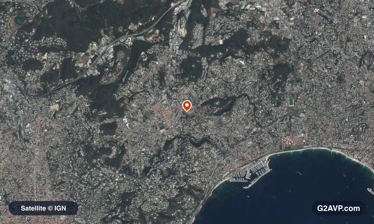 Vue satellite (orthophoto IGN) du secteur de Vallauris, même emprise que la carte géologique