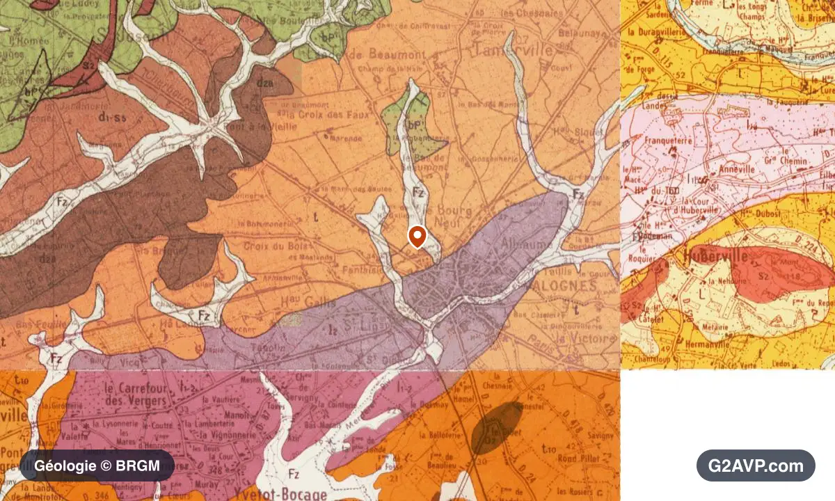 Carte géologique BRGM au 1/50 000 du secteur de Valognes : argiles en formations dominantes, repère au centre de la commune