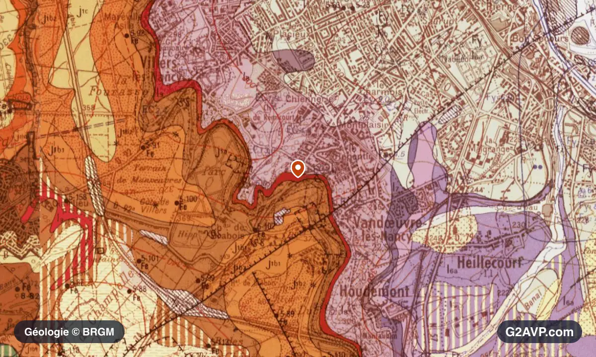 Carte géologique BRGM au 1/50 000 du secteur de Vandœuvre-lès-Nancy : calcaires, marnes et gypse en formations dominantes, repère au centre de la commune