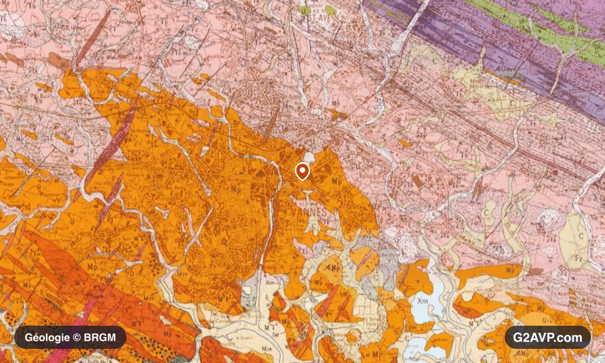 Carte géologique BRGM au 1/50 000 du secteur de Vannes : gneiss en formations dominantes, repère au centre de la commune