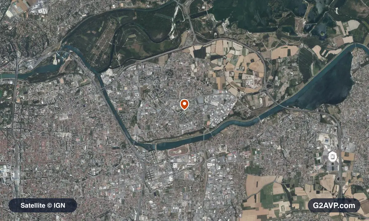 Vue satellite (orthophoto IGN) du secteur de Vaulx-en-Velin, même emprise que la carte géologique