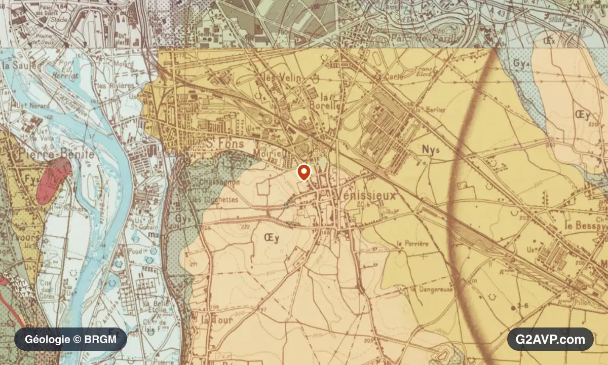 Carte géologique BRGM au 1/50 000 du secteur de Vénissieux : argiles en formations dominantes, repère au centre de la commune