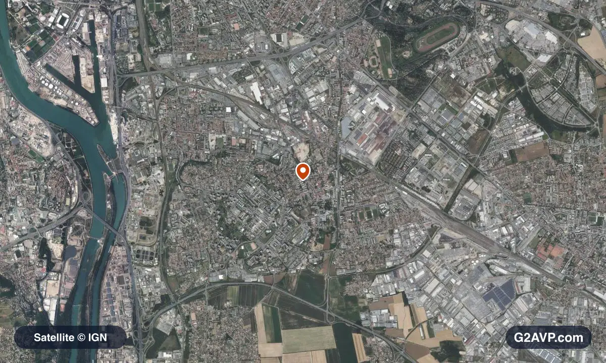 Vue satellite (orthophoto IGN) du secteur de Vénissieux, même emprise que la carte géologique
