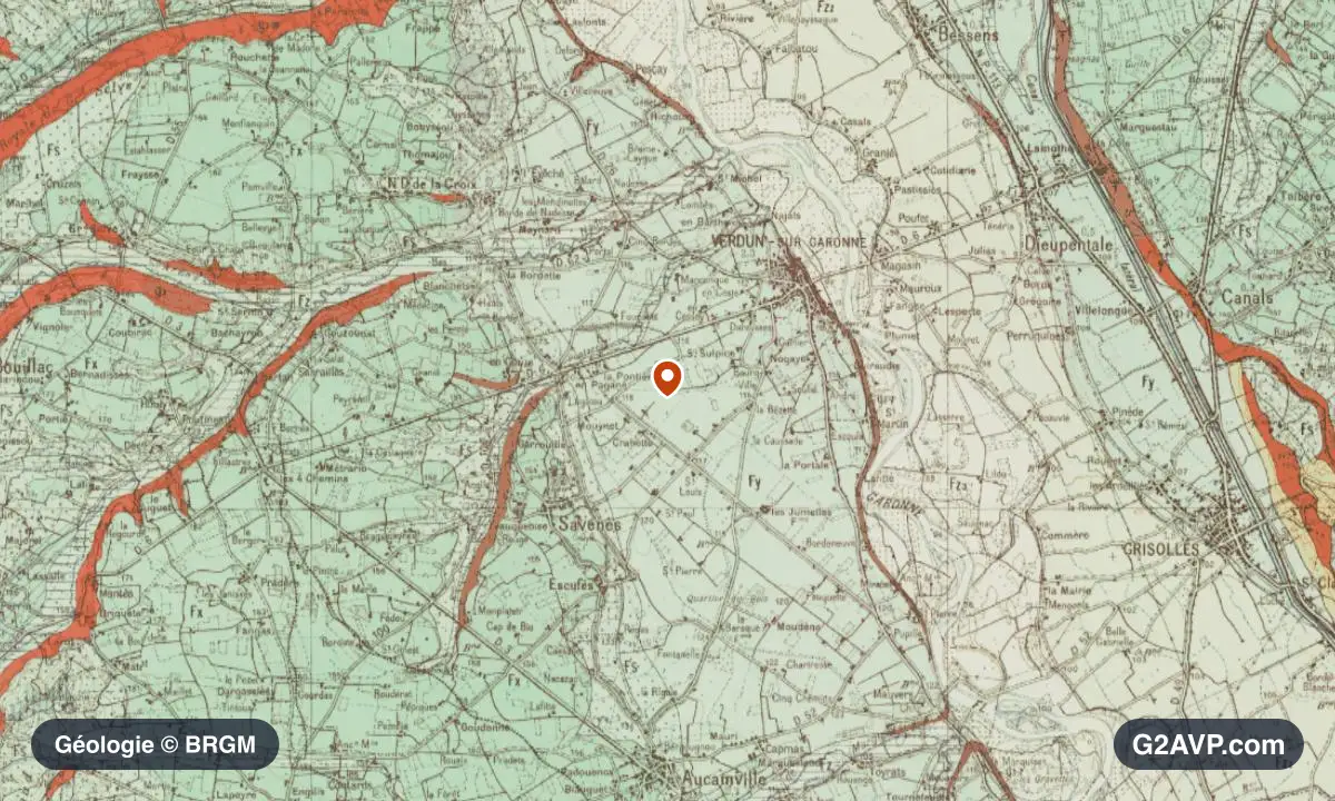 Carte géologique BRGM au 1/50 000 du secteur de Verdun-sur-Garonne : argiles en formations dominantes, repère au centre de la commune