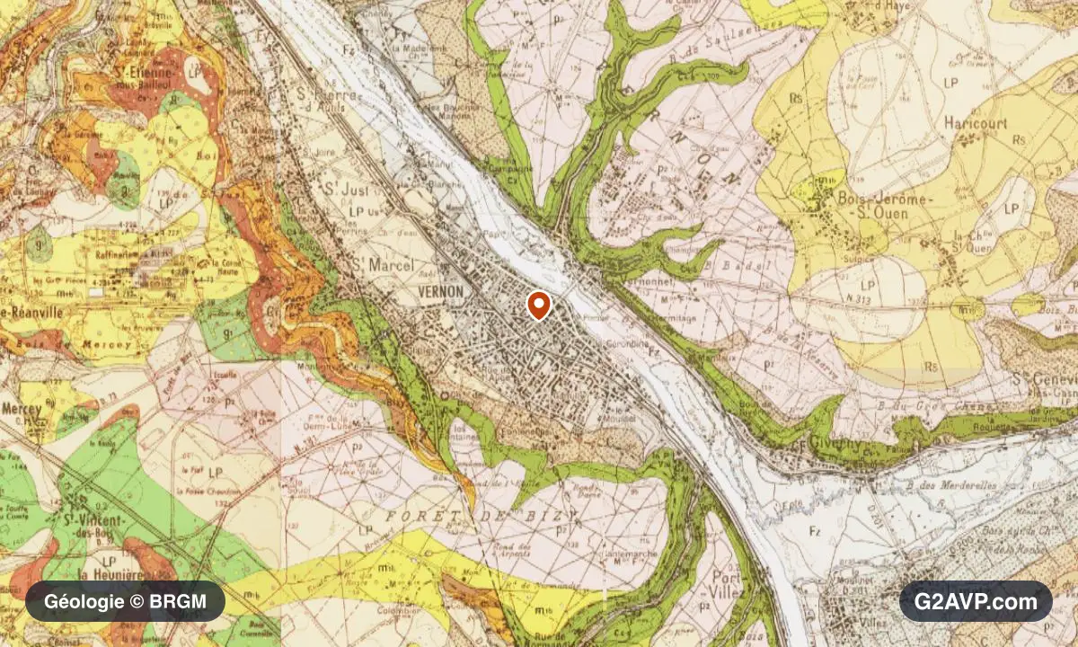 Carte géologique BRGM au 1/50 000 du secteur de Vernon : craie en formations dominantes, repère au centre de la commune