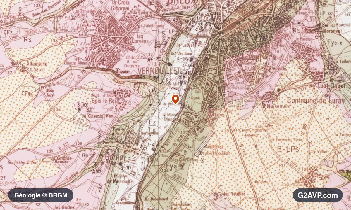 Carte géologique BRGM au 1/50 000 du secteur de Vernouillet : craie en formations dominantes, repère au centre de la commune