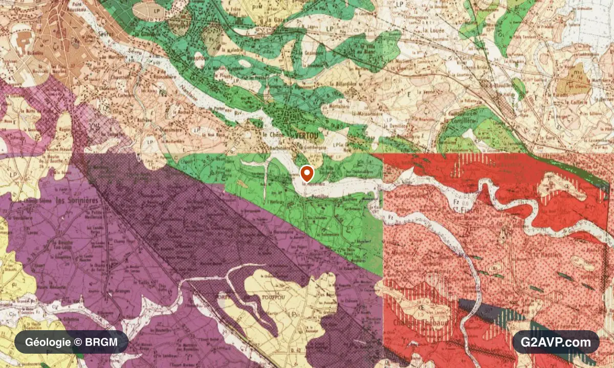 Carte géologique BRGM au 1/50 000 du secteur de Vertou : granites en formations dominantes, repère au centre de la commune