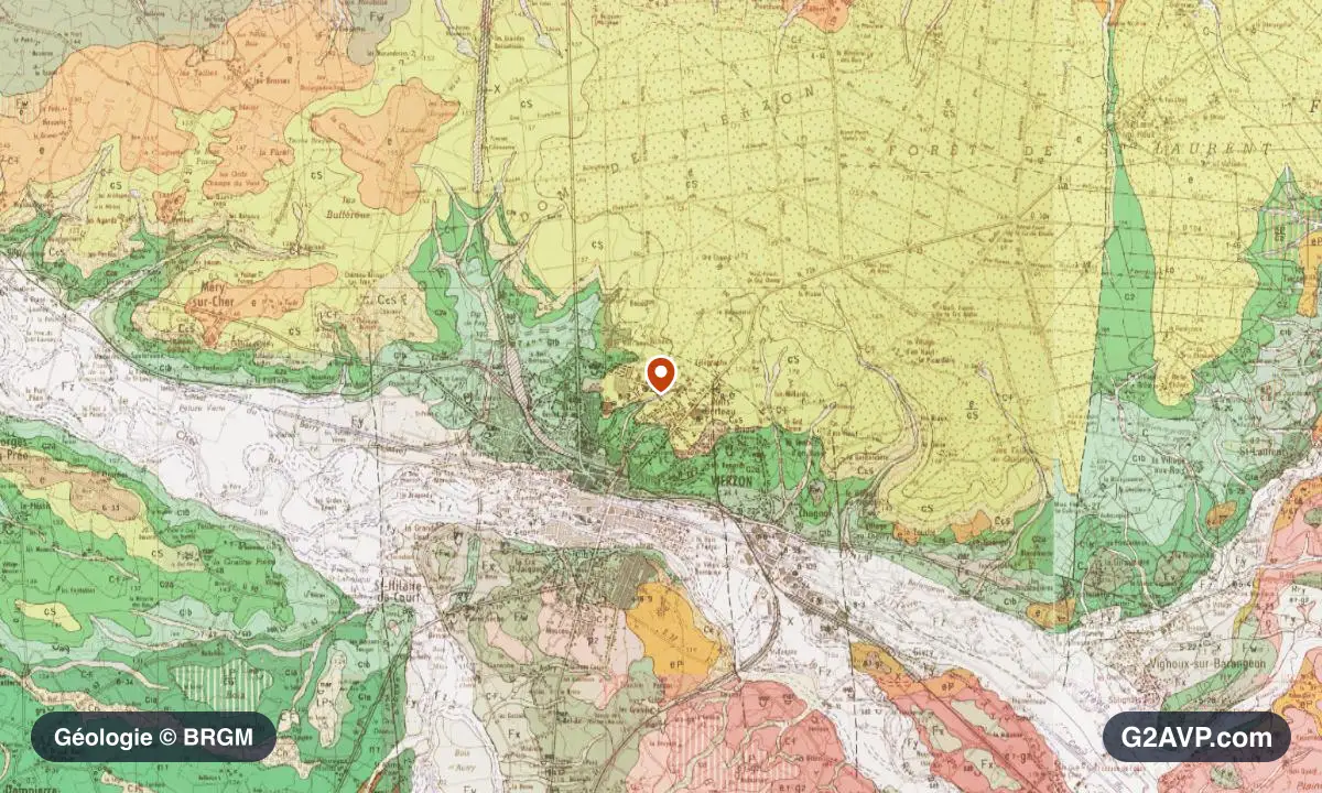 Carte géologique BRGM au 1/50 000 du secteur de Vierzon : argiles en formations dominantes, repère au centre de la commune