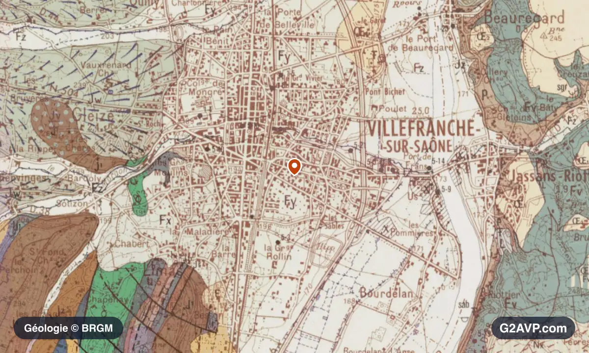 Carte géologique BRGM au 1/50 000 du secteur de Villefranche-sur-Saône : calcaires, marnes et gypse en formations dominantes, repère au centre de la commune
