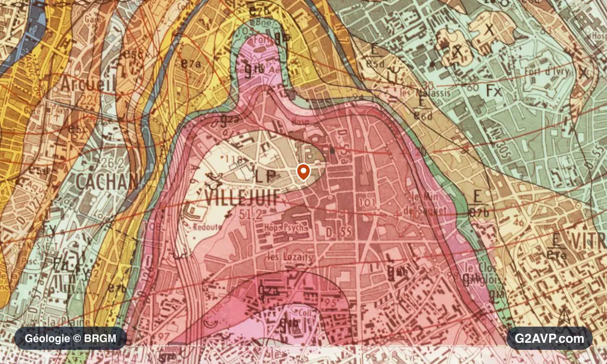 Carte géologique BRGM au 1/50 000 du secteur de Villejuif : calcaires, marnes et gypse en formations dominantes, repère au centre de la commune
