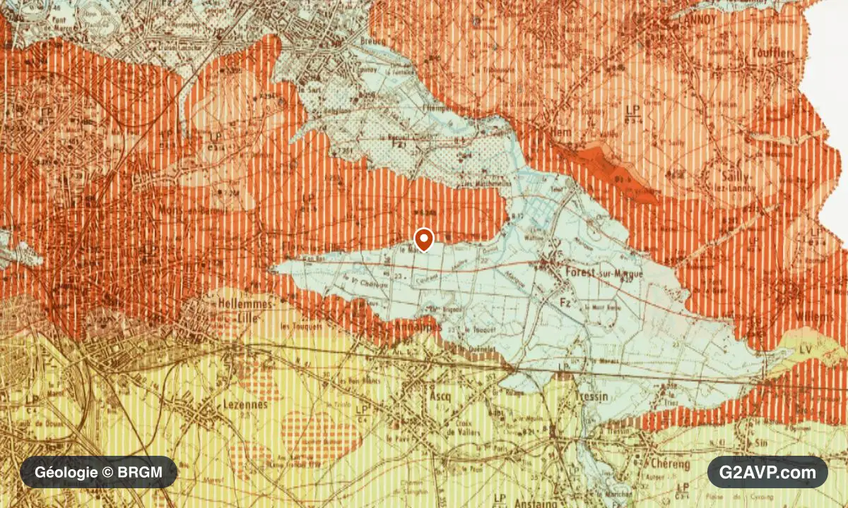 Carte géologique BRGM au 1/50 000 du secteur de Villeneuve-d'Ascq : sables en formations dominantes, repère au centre de la commune