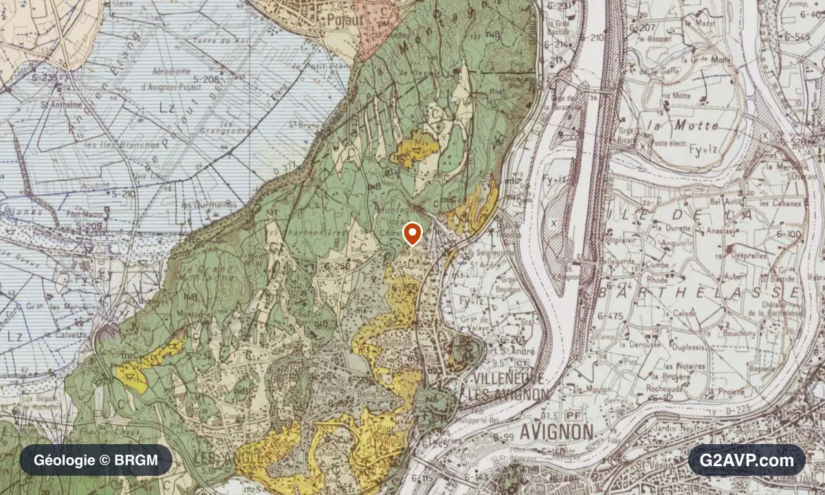 Carte géologique BRGM au 1/50 000 du secteur de Villeneuve-lès-Avignon : calcaires, marnes et gypse en formations dominantes, repère au centre de la commune