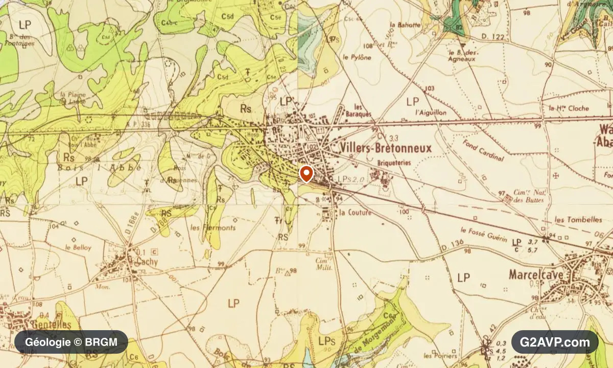 Carte géologique BRGM au 1/50 000 du secteur de Villers-Bretonneux : craie en formations dominantes, repère au centre de la commune