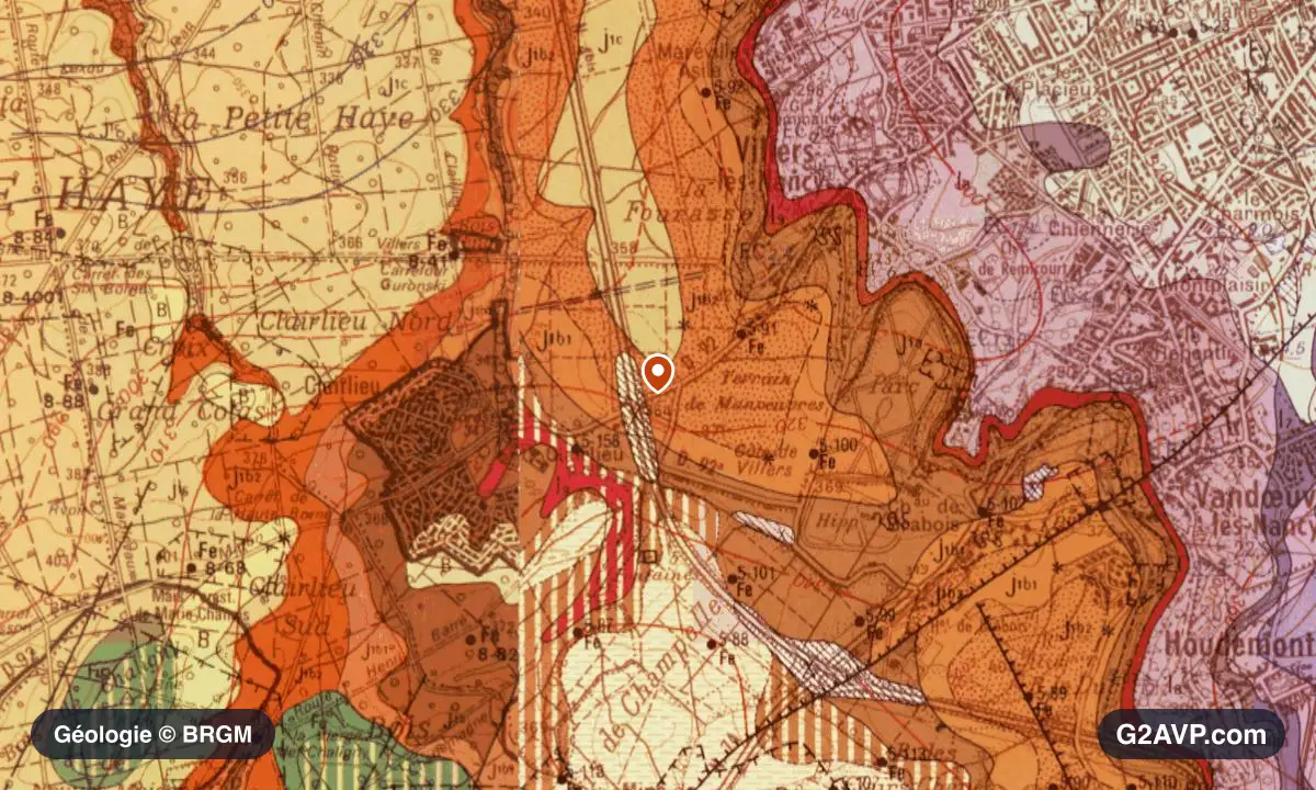 Carte géologique BRGM au 1/50 000 du secteur de Villers-lès-Nancy : calcaires, marnes et gypse en formations dominantes, repère au centre de la commune
