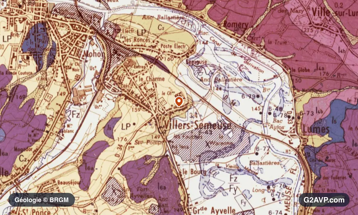 Carte géologique BRGM au 1/50 000 du secteur de Villers-Semeuse : calcaires, marnes et gypse en formations dominantes, repère au centre de la commune