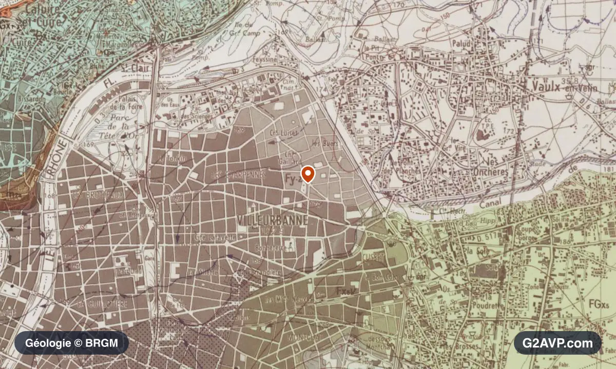Carte géologique BRGM au 1/50 000 du secteur de Villeurbanne : sables en formations dominantes, repère au centre de la commune