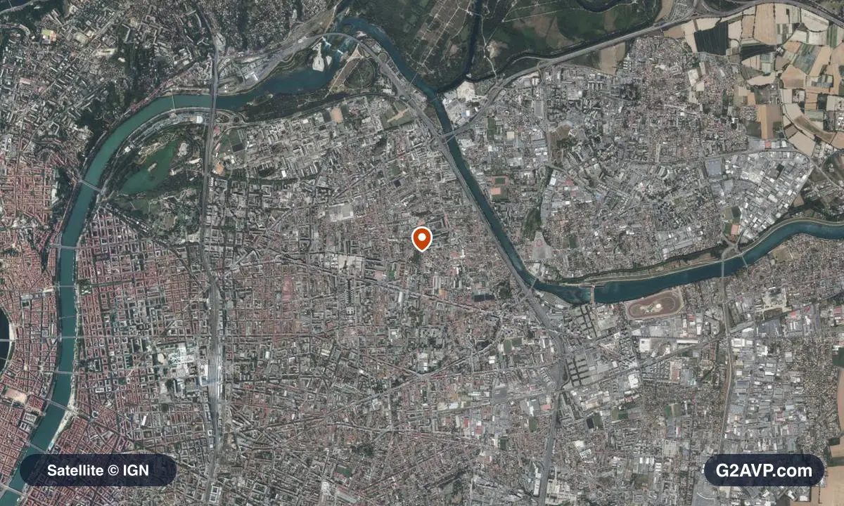 Vue satellite (orthophoto IGN) du secteur de Villeurbanne, même emprise que la carte géologique