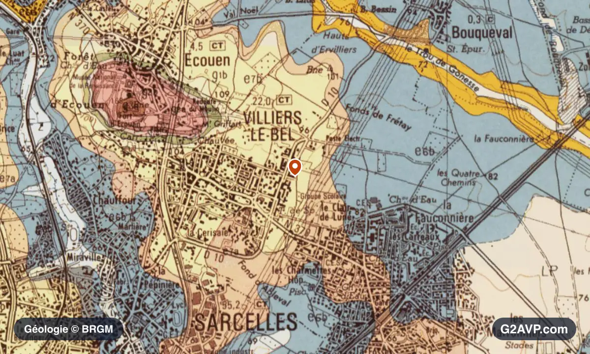 Carte géologique BRGM au 1/50 000 du secteur de Villiers-le-Bel : calcaires, marnes et gypse en formations dominantes, repère au centre de la commune