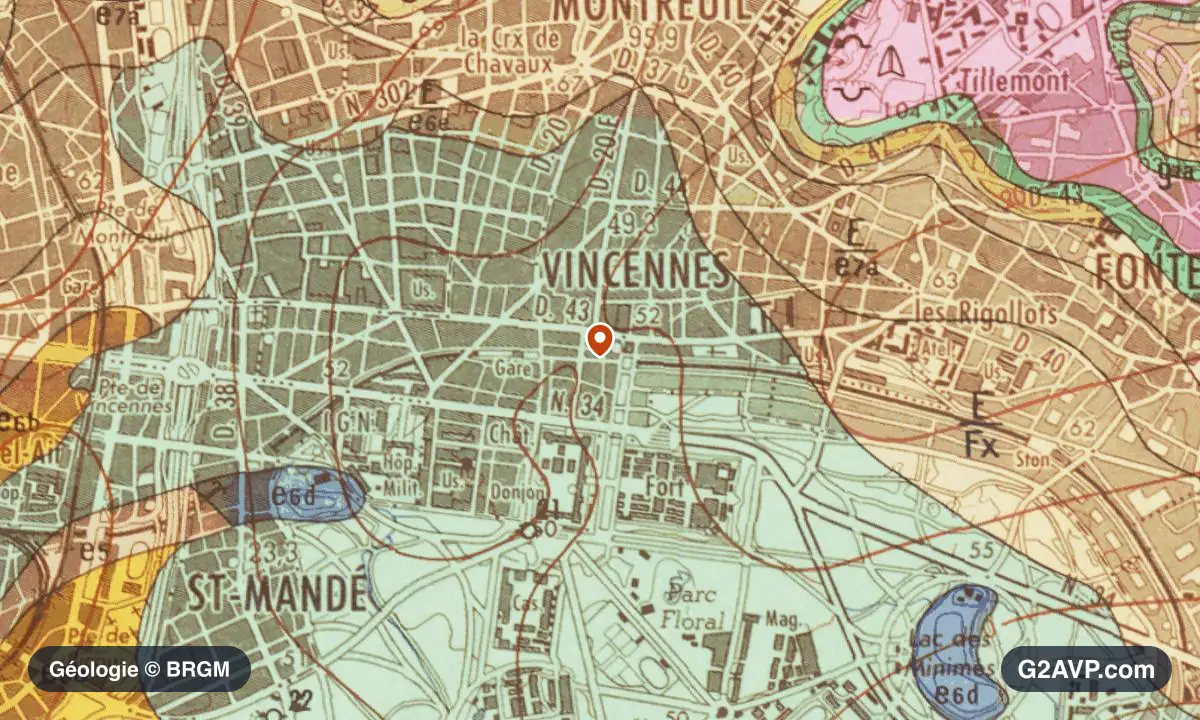 Carte géologique BRGM au 1/50 000 du secteur de Vincennes : argiles en formations dominantes, repère au centre de la commune