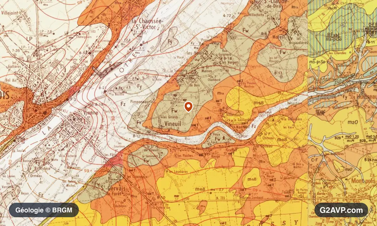 Carte géologique BRGM au 1/50 000 du secteur de Vineuil : argiles en formations dominantes, repère au centre de la commune