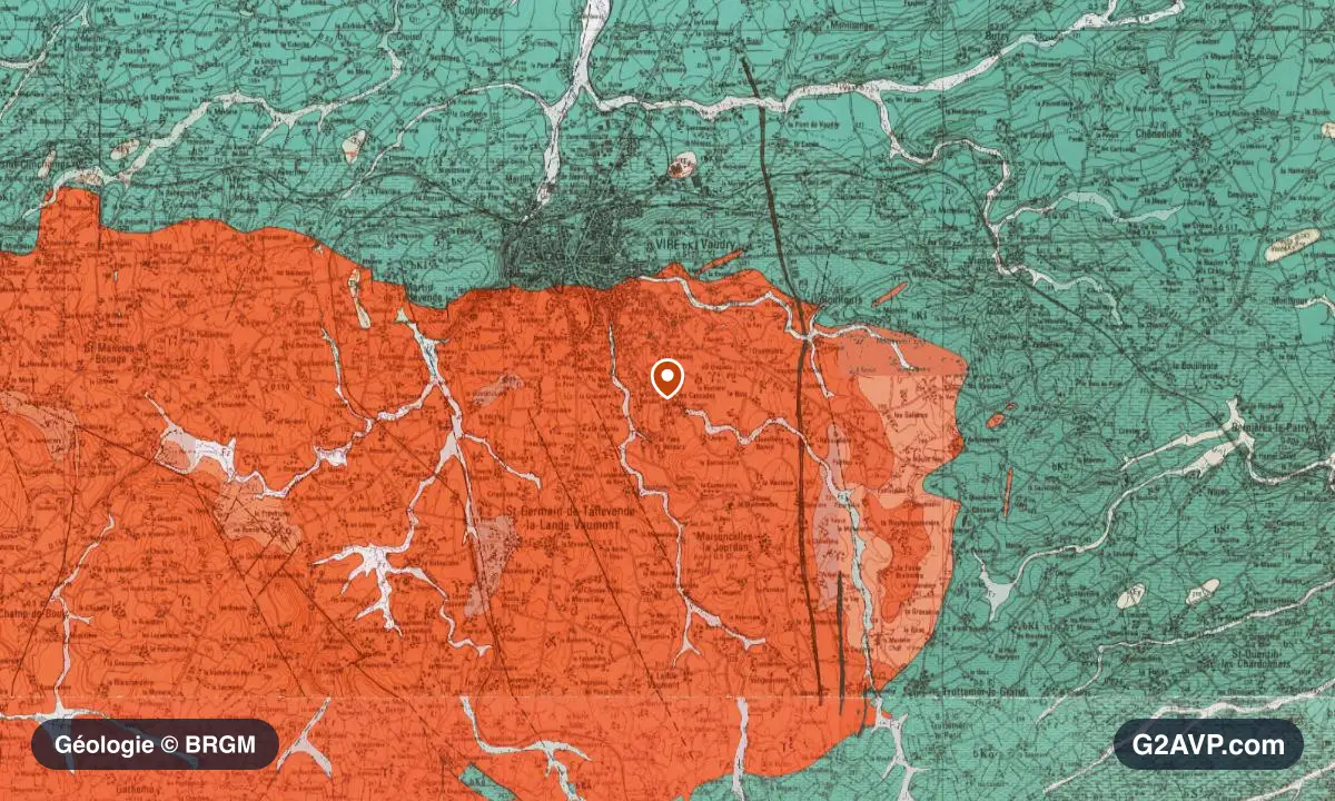 Carte géologique BRGM au 1/50 000 du secteur de Vire Normandie : granites en formations dominantes, repère au centre de la commune