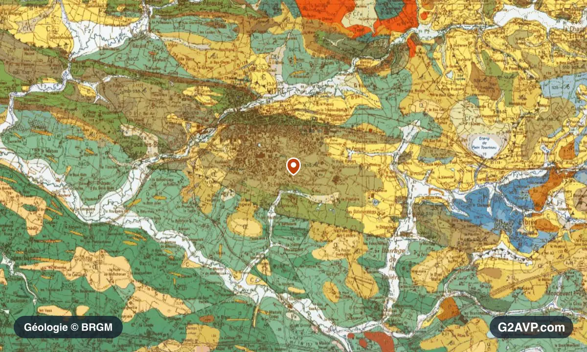 Carte géologique BRGM au 1/50 000 du secteur de Vitré : schistes et grès en formations dominantes, repère au centre de la commune