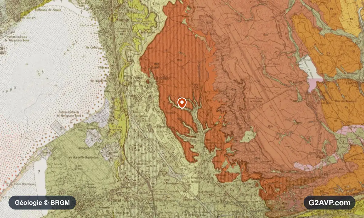 Carte géologique BRGM au 1/50 000 du secteur de Vitrolles : craie en formations dominantes, repère au centre de la commune
