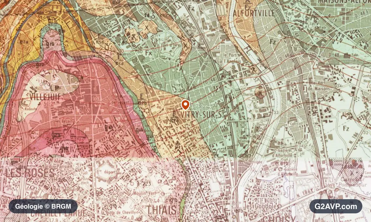 Carte géologique BRGM au 1/50 000 du secteur de Vitry-sur-Seine : calcaires, marnes et gypse en formations dominantes, repère au centre de la commune