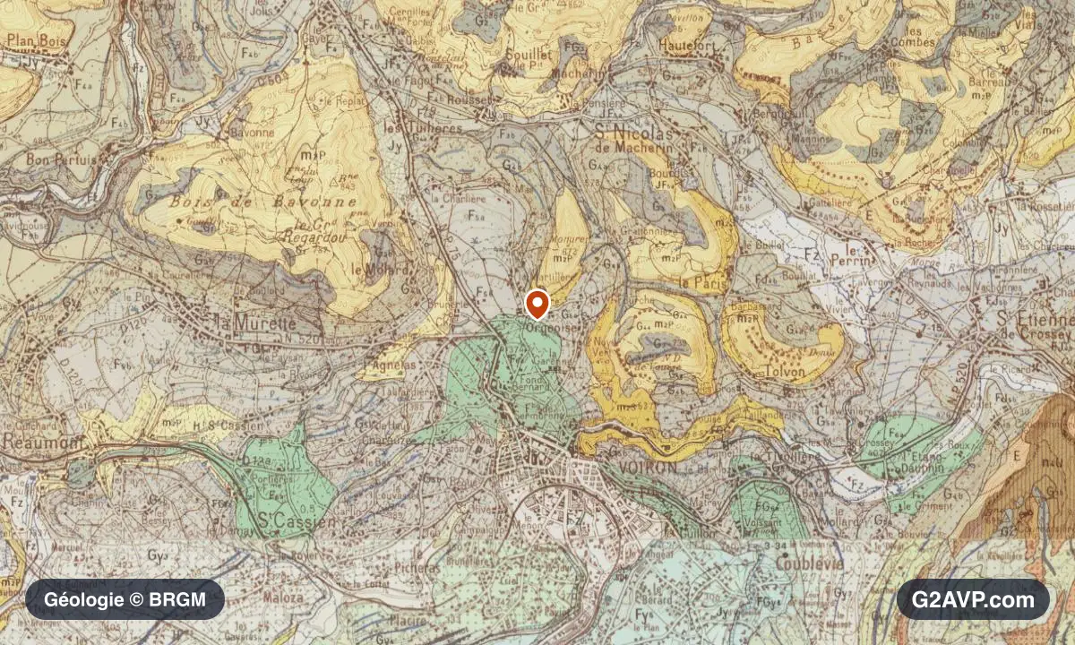 Carte géologique BRGM au 1/50 000 du secteur de Voiron : argiles en formations dominantes, repère au centre de la commune
