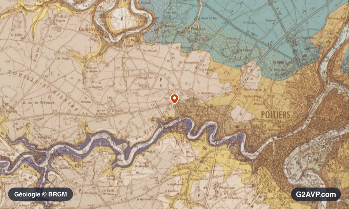Carte géologique BRGM au 1/50 000 du secteur de Vouneuil-sous-Biard : argiles en formations dominantes, repère au centre de la commune