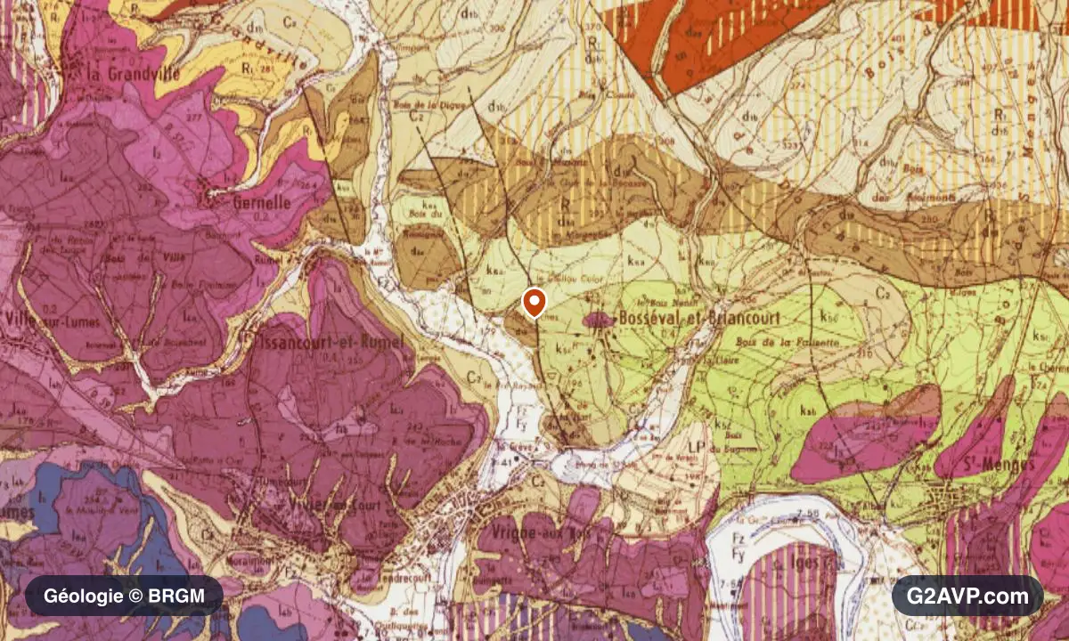 Carte géologique BRGM au 1/50 000 du secteur de Vrigne aux Bois : calcaires, marnes et gypse en formations dominantes, repère au centre de la commune