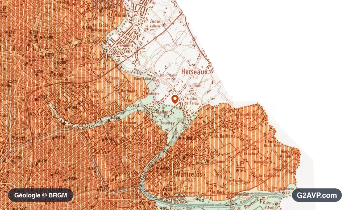 Carte géologique BRGM au 1/50 000 du secteur de Wattrelos : argiles en formations dominantes, repère au centre de la commune