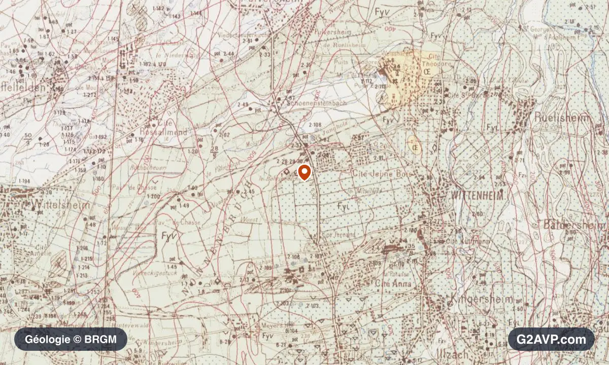 Carte géologique BRGM au 1/50 000 du secteur de Wittenheim : sables en formations dominantes, repère au centre de la commune