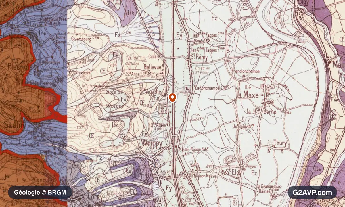 Carte géologique BRGM au 1/50 000 du secteur de Woippy : sables en formations dominantes, repère au centre de la commune