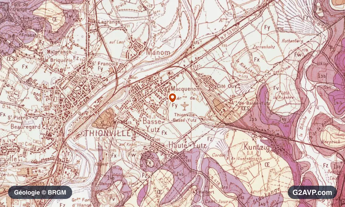 Carte géologique BRGM au 1/50 000 du secteur d'Yutz : calcaires, marnes et gypse en formations dominantes, repère au centre de la commune