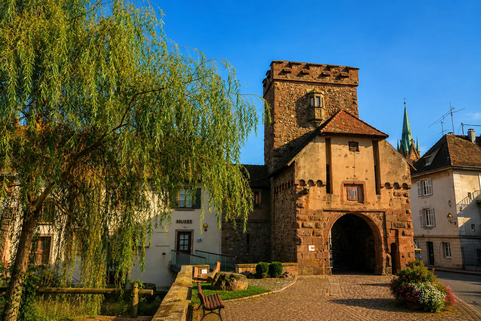 La porte de Thann à Cernay — tour médiévale en grès rose des Vosges, maçonnerie massive posée au débouché de la vallée dans la plaine alluviale