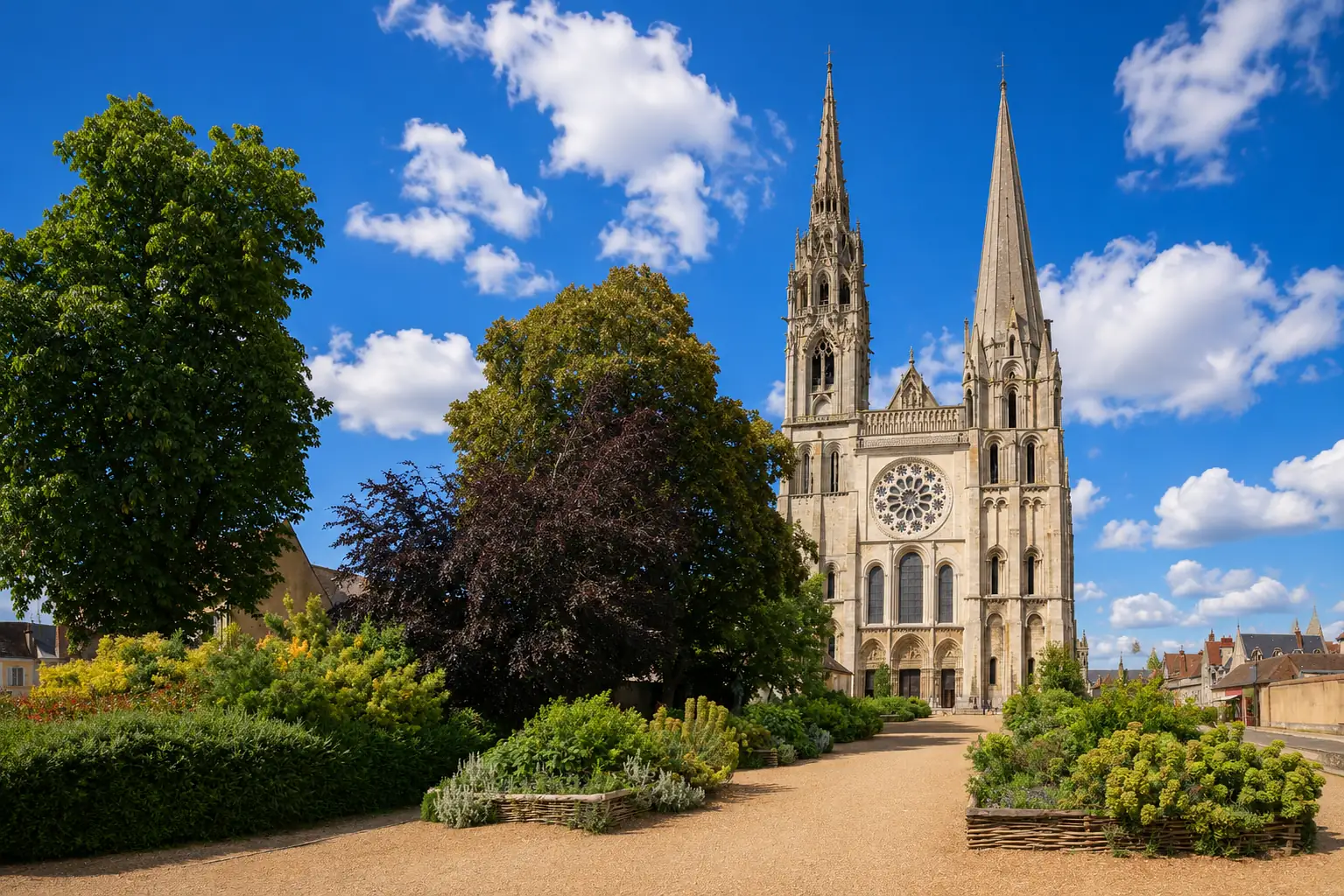 La façade ouest de la cathédrale de Chartres et ses deux flèches dissemblables, la romane et la flamboyante, au-dessus de la ville en rebord du plateau beauceron