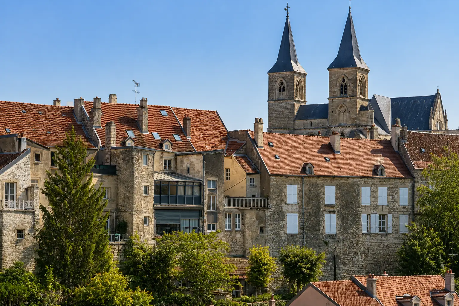 Chaumont en rebord de plateau — les flèches jumelles de la basilique Saint-Jean-Baptiste au-dessus des toits de la vieille ville