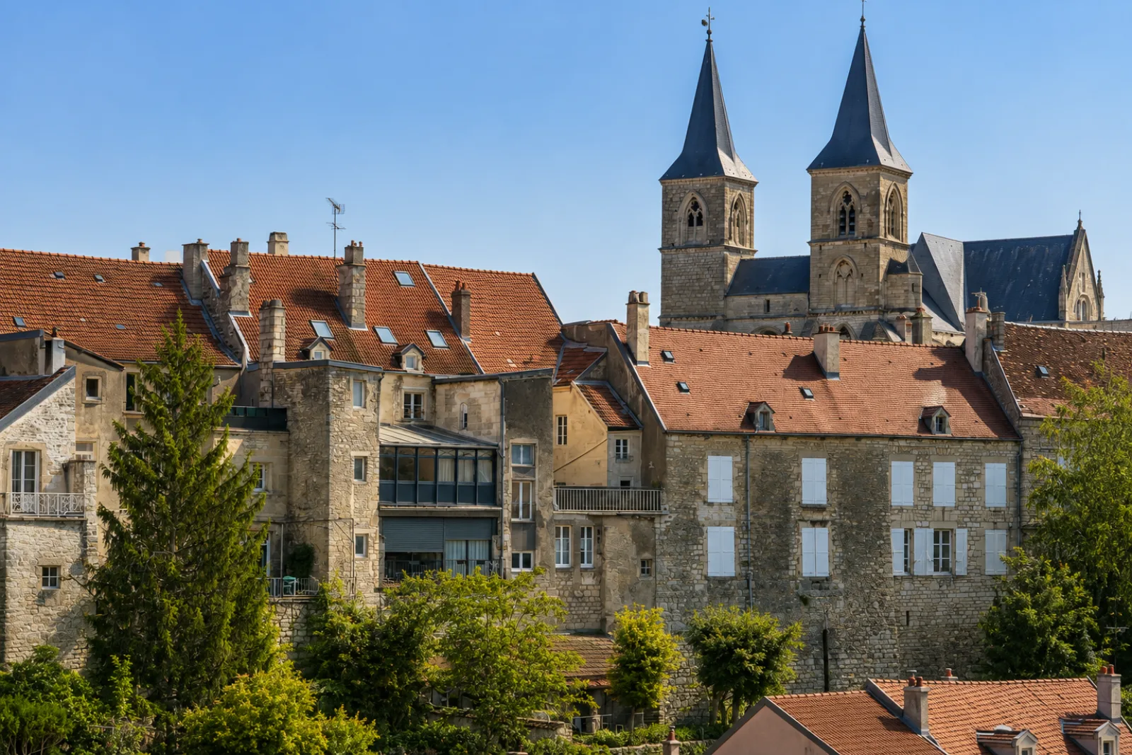 Les deux flèches de la basilique de Chaumont au-dessus des toits de tuiles et des façades de pierre de la vieille ville, en rebord du plateau chaumontais