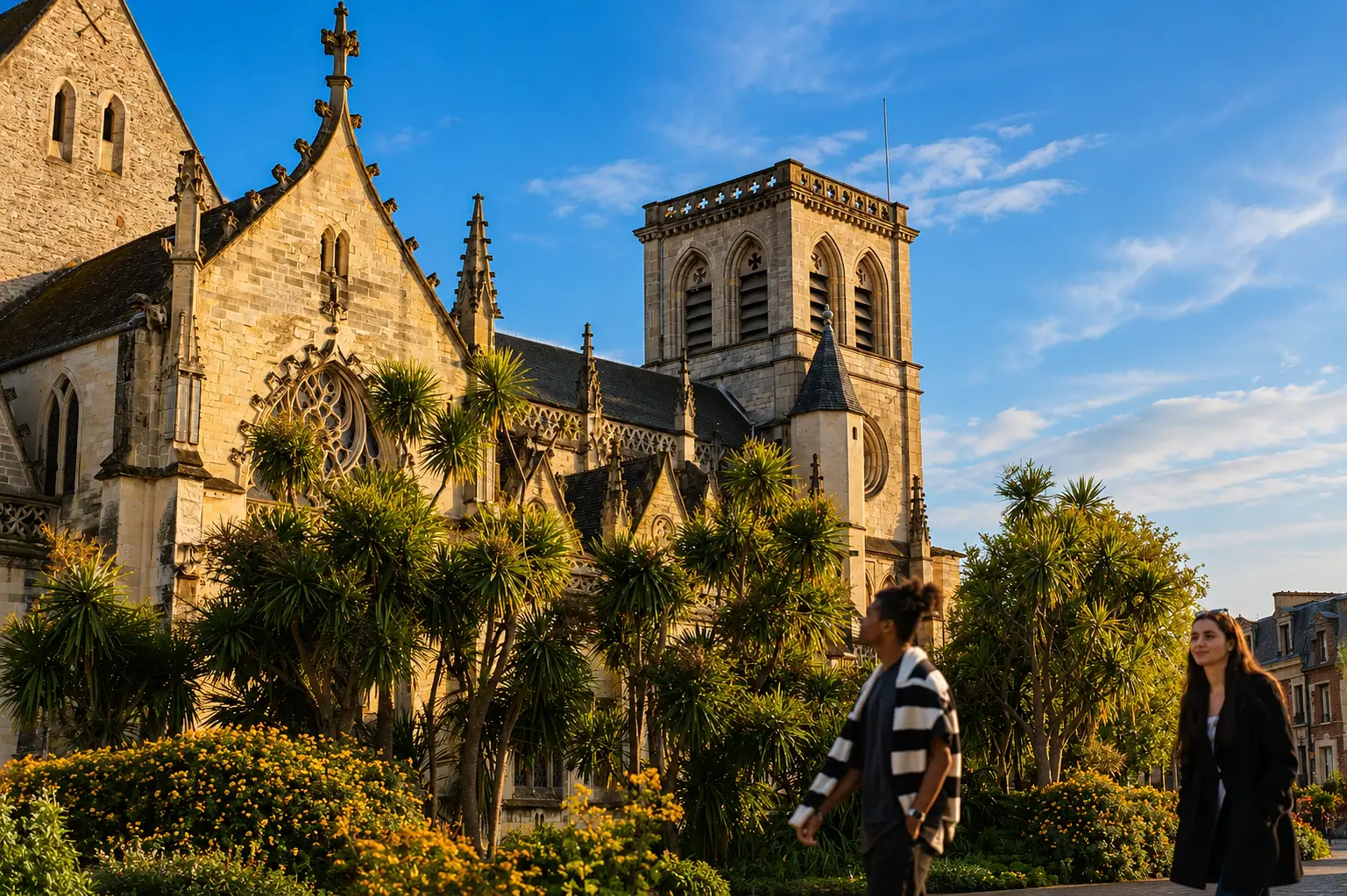 La basilique de la Trinité de Cherbourg derrière ses palmiers — le micro-climat du Cotentin, entre granite armoricain et mer