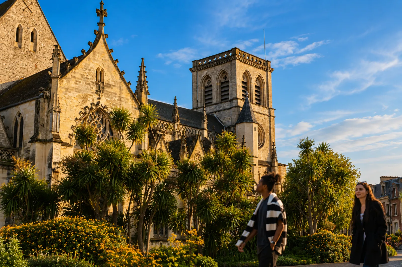 La basilique de la Trinité de Cherbourg derrière ses palmiers — le micro-climat du Cotentin, entre granite armoricain et mer