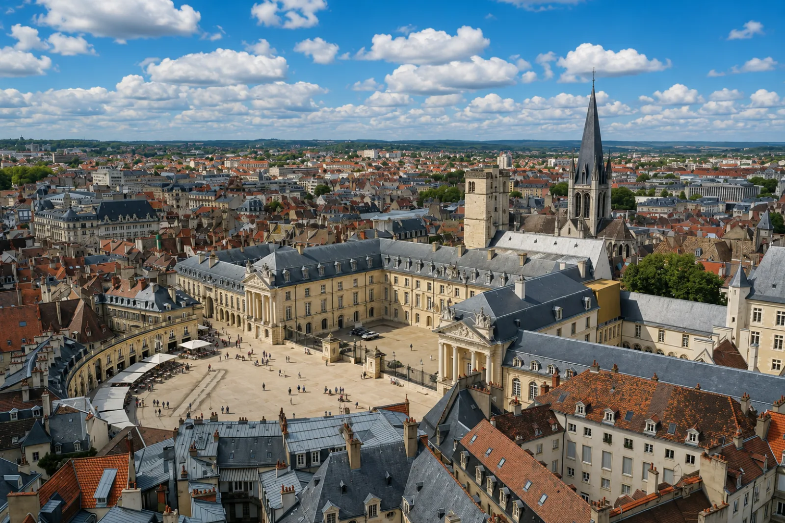 Le palais des ducs de Bourgogne et la place de la Libération en hémicycle, au-dessus des toits de Dijon — la ville au pied de la côte viticole