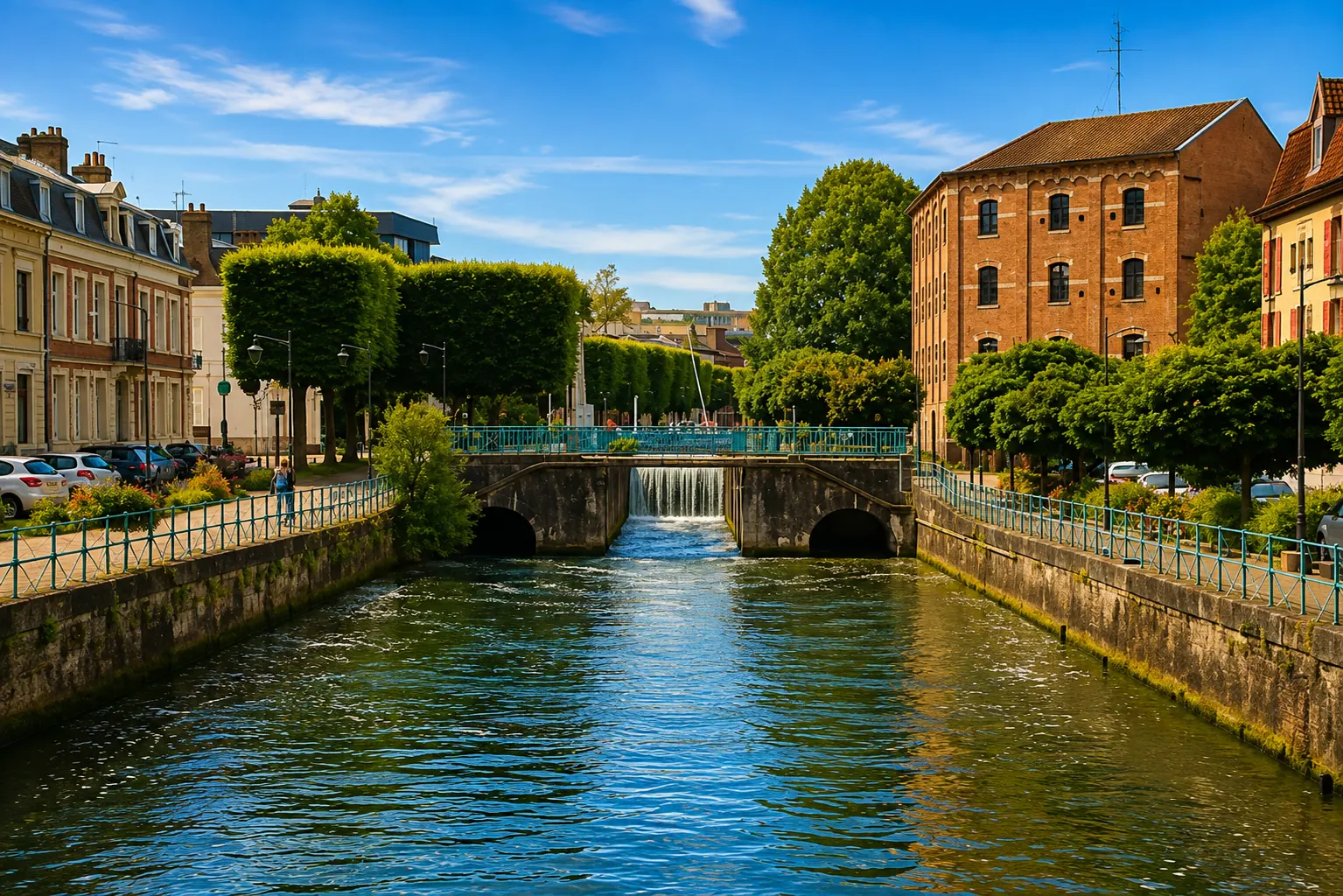 Les quais maçonnés de la Scarpe à Douai — canal urbain, seuil et entrepôts de brique : une ville d'eau bâtie sur les alluvions du bassin