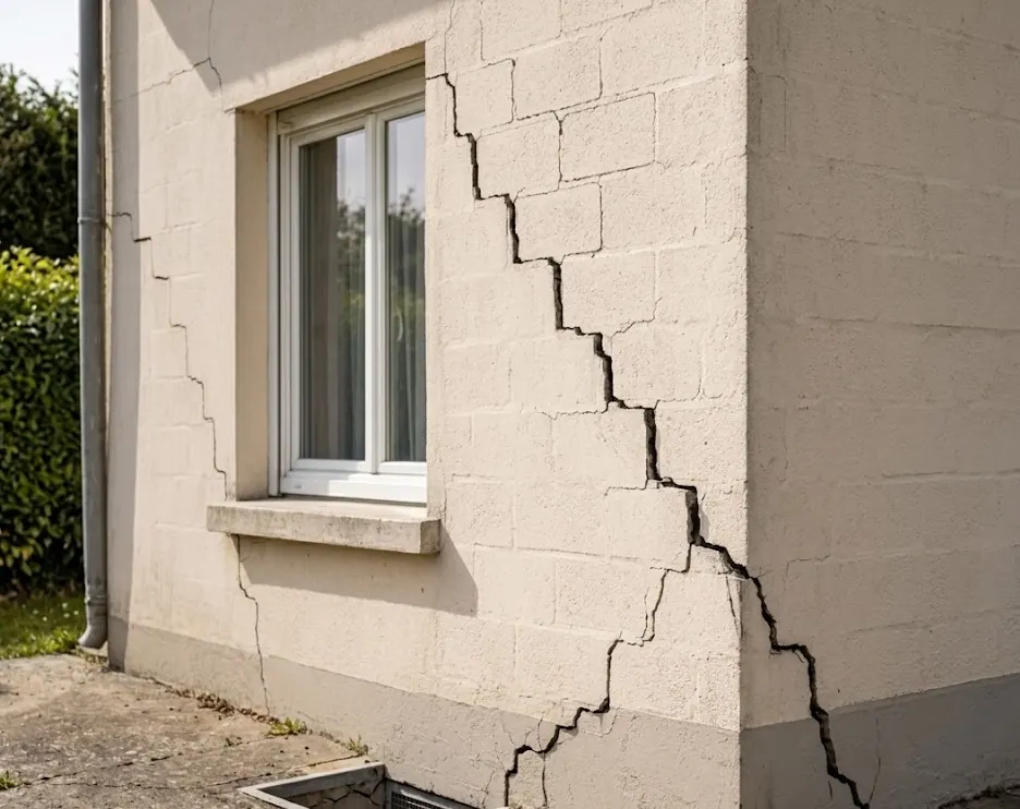 Fissure en escalier sur façade — signature du retrait-gonflement des argiles (RGA)