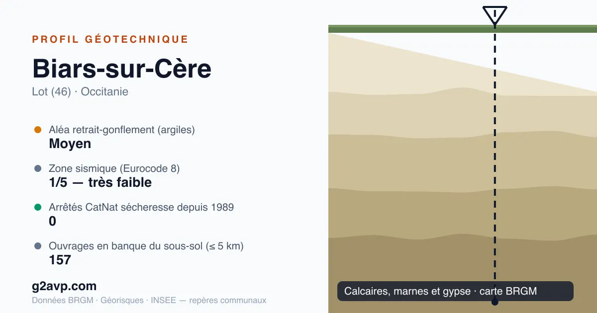 Profil géotechnique de Biars-sur-Cère — calcaires, marnes et gypse — aléa retrait-gonflement moyen — 0 arrêté CatNat sécheresse
